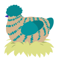 A beige and teal chicken with a bar pattern