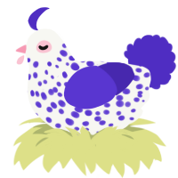A white and indigo chicken with a speckle pattern