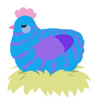 A sky and blurple chicken with a bar pattern