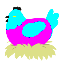 A fuchsia and cerulean chicken with a head pattern