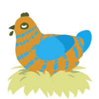 beach boy, a orange and sky chicken with a bar pattern