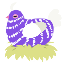 A blurple and white chicken with a bar pattern
