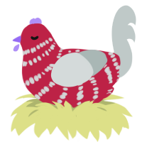 A crimson and silver chicken with a bar pattern