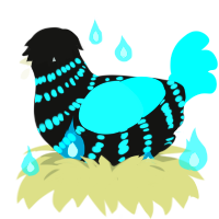 A black and aqua chicken with a bar pattern