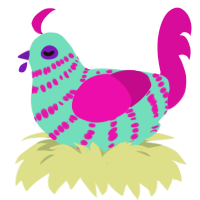 A mint and fuchsia chicken with a bar pattern