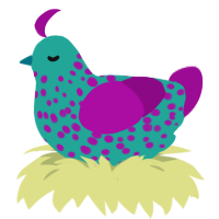 A turquoise and plum chicken with a speckle pattern