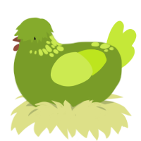 Green field, a chartreuse and lime chicken with a neck-speckle pattern