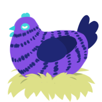 A blurple and navy chicken with a bar pattern