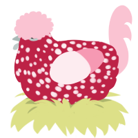 A crimson and rose chicken with a speckle pattern