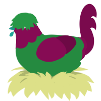 A viridian and wine chicken with a head pattern