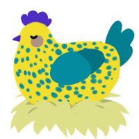 A yellow and sea chicken with a speckle pattern