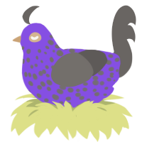 A blurple and grey chicken with a speckle pattern