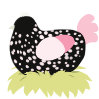 A black and rose chicken with a speckle pattern