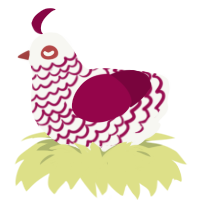 A white and maroon chicken with a lace pattern