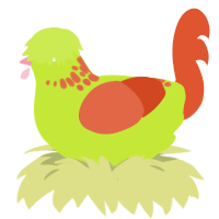 A lime and vermilion chicken with a neck-speckle pattern