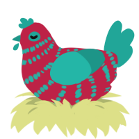 A crimson and turquoise chicken with a bar pattern