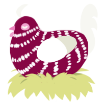 A maroon and white chicken with a bar pattern