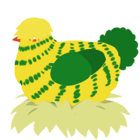 A yellow and leaf chicken with a bar pattern
