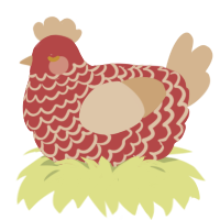 A red and beige chicken with a lace pattern