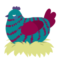 A teal and maroon chicken with a bar pattern