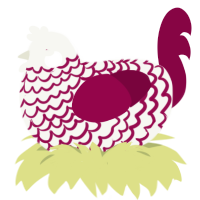 A white and maroon chicken with a lace pattern