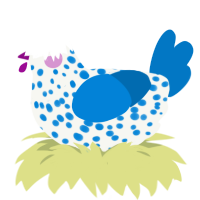 A white and sapphire chicken with a speckle pattern