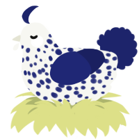 A white and navy chicken with a speckle pattern