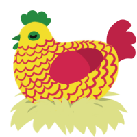 burger and fries, a yellow and crimson chicken with a lace pattern