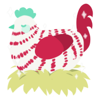 A white and crimson chicken with a bar pattern