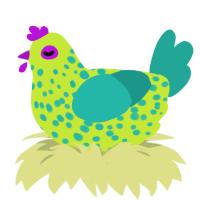 Whimzi, a lime and turquoise chicken with a speckle pattern