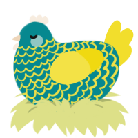 Calypso, a teal and yellow chicken with a lace pattern