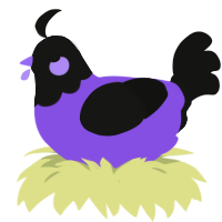 A blurple and black chicken with a head pattern