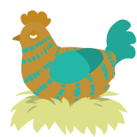 A gold and turquoise chicken with a bar pattern
