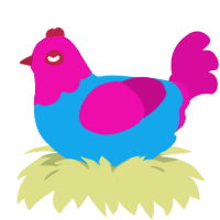 A sky and fuchsia chicken with a head pattern