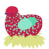toadstool gone wrong, a crimson and mint chicken with a speckle pattern
