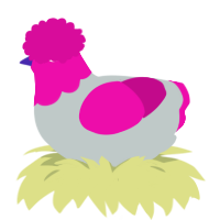 A silver and fuchsia chicken with a head pattern