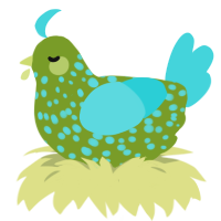 A chartreuse and aqua chicken with a speckle pattern