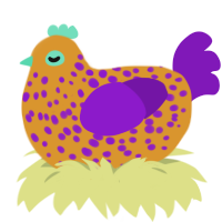 A orange and violet chicken with a speckle pattern