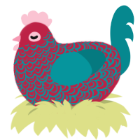 A crimson and teal chicken with a double-lace pattern