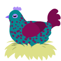 Strange Spot, a teal and wine chicken with a speckle pattern