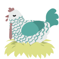 Émeric, a silver and turquoise chicken with a lace pattern