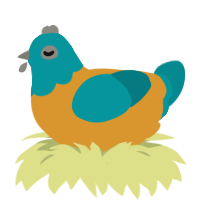 gummy, a orange and teal chicken with a head pattern