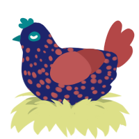A navy and red chicken with a speckle pattern