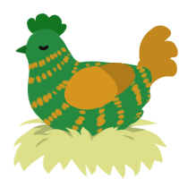 A viridian and ochre chicken with a bar pattern