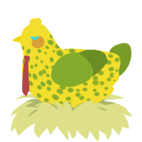 SpongeBob, a yellow and chartreuse chicken with a speckle pattern