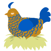 A ochre and ultramarine chicken with a lace pattern