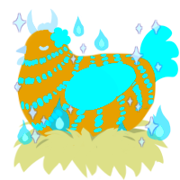 Hope, a ochre and aqua chicken with a bar pattern