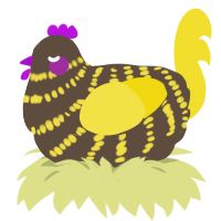 Caution, a bark and yellow chicken with a bar pattern