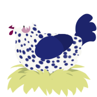 A white and navy chicken with a speckle pattern