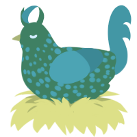 A viridian and turquoise chicken with a speckle pattern
